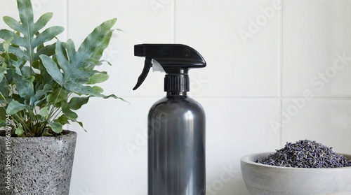 Wallpaper Mural Black spray bottle standing between potted plant and bowl of dried lavender Torontodigital.ca