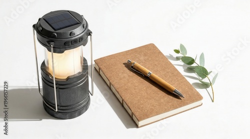 Wallpaper Mural Solar lantern beside kraft notebook and pen on clean white background surface Torontodigital.ca
