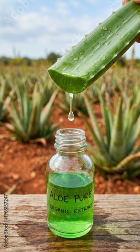Wallpaper Mural Aloe leaf dripping gel into glass bottle in aloe vera field with natural light Torontodigital.ca