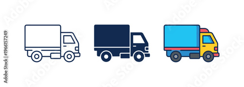 Set of three delivery truck icons in different styles for logistics and transport