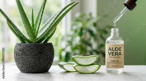 Wallpaper Mural Aloe vera plant with gel bottle and sliced leaf pieces arranged on counter Torontodigital.ca