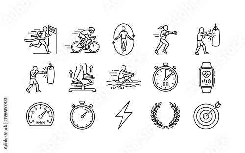 Collection of diverse fitness and sports activity line art icons for health and wellness