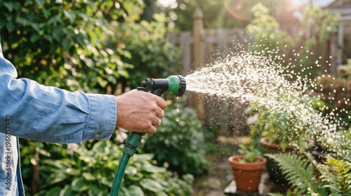 Wallpaper Mural Man watering lush backyard garden with green hose and spray nozzle in warm sunlight Torontodigital.ca