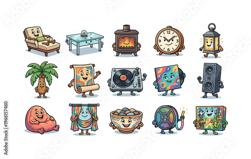 Collection of anthropomorphic household objects and decorative items with faces