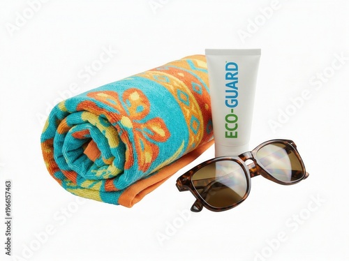 Wallpaper Mural Beach towel rolled with sunscreen tube and sunglasses on white background Torontodigital.ca