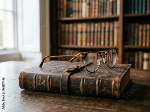 Wallpaper Mural Antique leather book with reading glasses resting on wooden table in library Torontodigital.ca