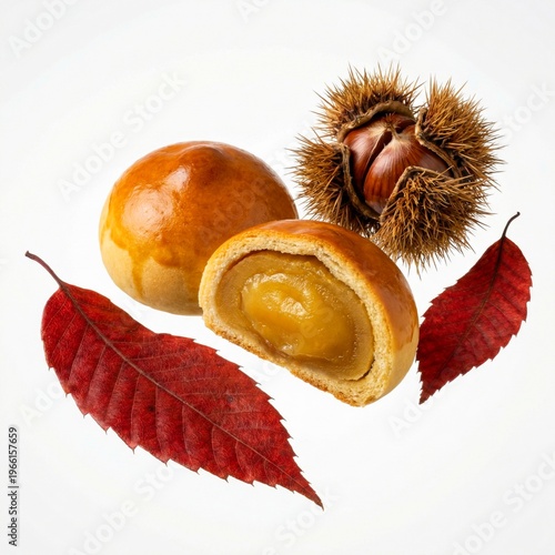 Wallpaper Mural Momiji Manju, japanese sweets on white. Chestnut pastries with glossy brown crust and autumn leaves arranged on white Torontodigital.ca