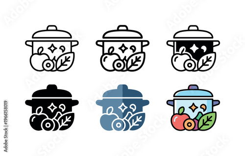 Cooking pot with fresh fruits and leaves, representing healthy food preparation