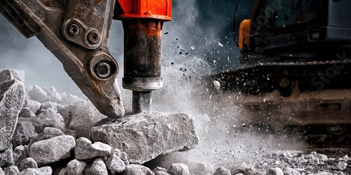 Heavy-duty hydraulic breaker attachment pulverizes rock on construction site