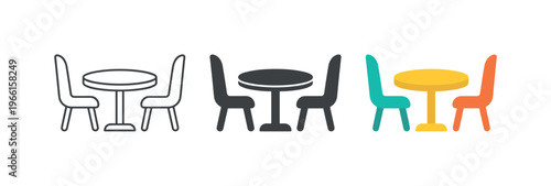 Set of dining table and chairs icons in different styles