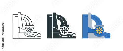 Hydroelectric power generation turbine and dam icons in three styles
