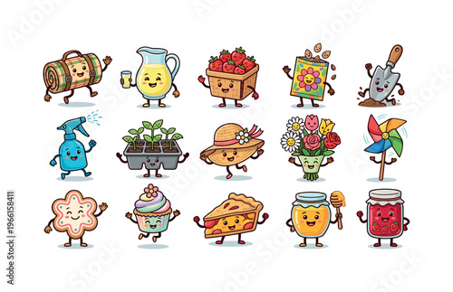 Cute cartoon garden and picnic items with happy faces celebrating outdoors