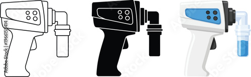 Set of handheld spray gun illustrations including outline silhouette and flat design versions ideal for cleaning and sanitization concepts