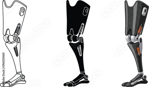 Modern prosthetic leg design presented in outline silhouette and detailed styles representing advanced medical technology and rehabilitation