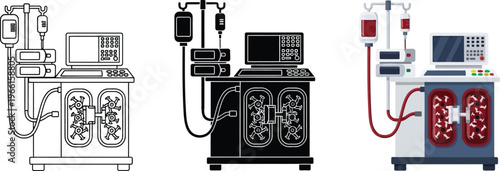 Medical dialysis machine illustration in outline silhouette and flat design styles representing kidney treatment and healthcare technology for various digital and print applications
