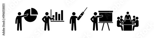 Business presentation icon set featuring silhouettes of professionals with charts, graphs, and meeting in a conference room. Ideal for corporate, financial, and educational web design.