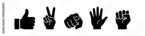 Set of black hand gesture icons isolated on white, including thumbs up, victory sign, pointing finger, open palm, and clenched fist. Vector symbols for non-verbal communication and messaging.