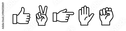 Minimalist set of black outline hand gesture icons: thumbs up, peace sign, pointing finger, open palm, and clenched fist. Versatile vector symbols for communication, interface, and web design.
