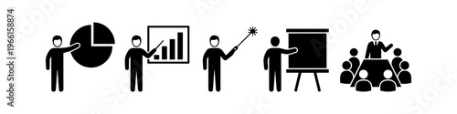 Set of business presentation and meeting icons. Black pictograms of speakers with charts, graphs, and audiences for corporate seminars and data analysis.