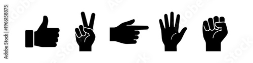 Collection of five black hand gesture silhouettes: thumbs up, peace sign, pointing, open palm, and fist. Isolated vector icons representing communication, approval, direction, and strength.