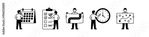 Vector illustration set of business management icons showing characters with a calendar, checklist, roadmap, clock, and strategy board. Perfect for project planning and productivity concepts.