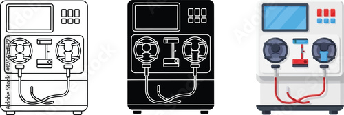 Modern blood donation or apheresis machine presented in flat design outline and silhouette vector styles for medical and healthcare illustrations