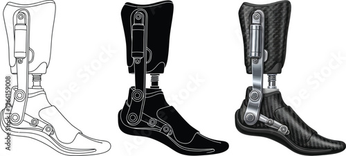 Set of advanced prosthetic leg vector illustrations showcasing detailed silhouette and outline styles for medical technology and rehabilitation concepts