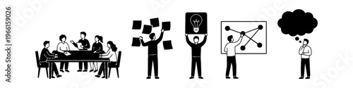 Minimalist black and white vector illustration set depicting various business brainstorming stages: teamwork, planning with sticky notes, finding ideas, mapping, and deep thinking.