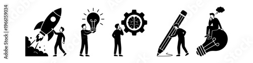 Minimalist flat icon set representing creative business concepts, including startup launch, idea generation, brainstorming, and design thinking in black and white silhouette style.