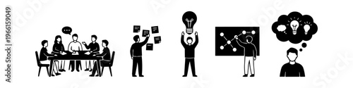 Minimalist black and white icon set depicting business processes like brainstorming, team meetings, strategic planning, and creative thinking for project development and innovation.
