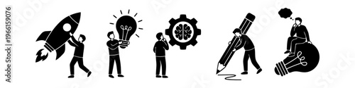 Flat vector illustration set of business creativity and startup concepts. Includes icons for launching a rocket, generating ideas, strategic thinking, and creative planning.
