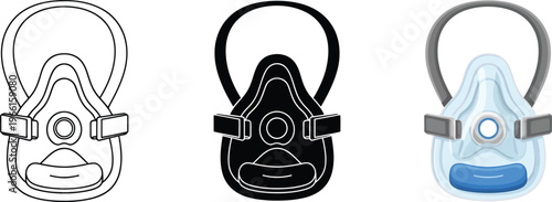 Set of medical respirator mask vector illustrations featuring outline solid glyph and detailed styles perfect for healthcare and safety applications