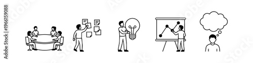 A set of five minimalist line art icons representing business collaboration, brainstorming, idea generation, data analysis, and creative thinking on a white background.