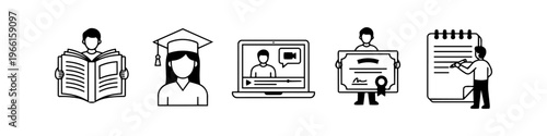 Education and online learning icon set featuring students reading, graduating, attending video lectures, receiving certificates, and taking notes. Simple black and white line art vector style.