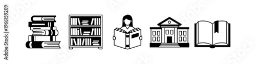 Set of black and white education and library icons featuring book stacks, bookshelves, a person reading, a school building, and an open book. Ideal for academic and literary designs.