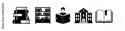 Collection of black and white library icons including a stack of books, bookshelf, person reading, academic building, and an open book. Flat vector illustrations for education and literacy concepts.
