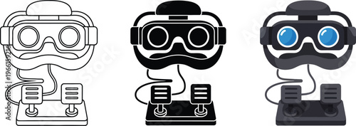 Virtual reality headset and racing pedals icon set featuring outline glyph and colored styles perfect for gaming and simulation applications