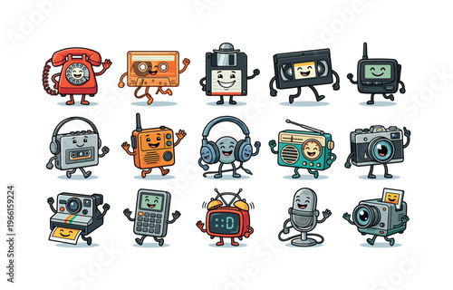 Retro technology characters dancing and having fun together