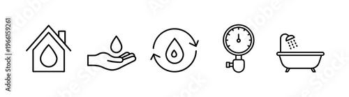 Water drop and plumbing utility outline icon set featuring home maintenance hand wash and bathtub for residential service more vector illustration on editable stroke.