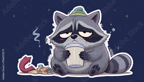 Whimsical illustration of an adorable, exhausted raccoon with sleepy eyes, clutching a steaming coffee cup amidst a late-night setting, surrounded by snack wrappers