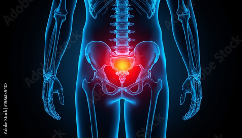 A medical illustration of a human skeleton with a highlighted pelvis and spine