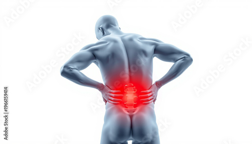 A muscular man with his hands on his lower back, highlighting a painful area in red.