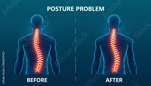 A vector graphic illustration showing the importance of posture correction for a healthy spine