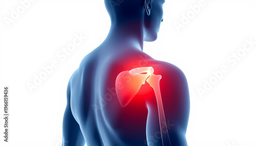 A medical illustration of a human body with a highlighted shoulder injury