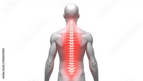 A vector graphic illustration of a man's back with a highlighted spine and red glow indicating pain or inflammation.