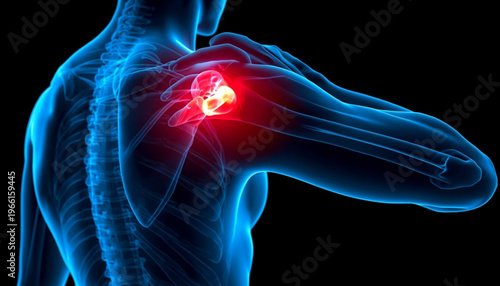A medical illustration of a human skeleton with a highlighted shoulder joint in red, indicating pain or injury.