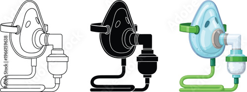 Vector illustration set of a medical oxygen mask featuring outline silhouette and colorful flat design styles ideal for healthcare and emergency graphics