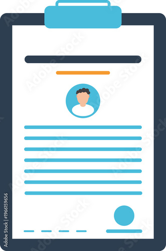 Bilde på lerret Flat illustration of a clipboard with a resume or application form, profile avatar, text lines and signature, minimal clean UI icon style