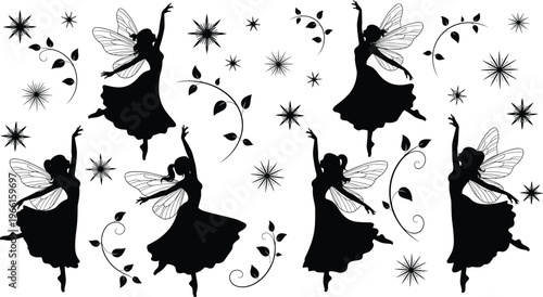 Set of magical fairy silhouettes with wings dancing among stars and floral vines for fantasy design, invitations, and mystical storytelling concepts.
