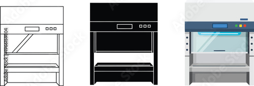 Professional vector illustration set of a laboratory fume hood presented in outline silhouette and flat design styles perfect for scientific research and lab safety concepts